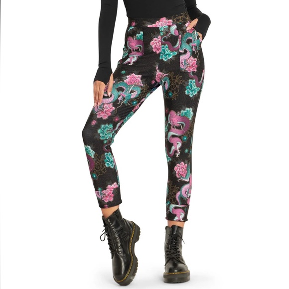 Blackmilk Pants - BlackMilk Dragon Bouquet cuffed pants